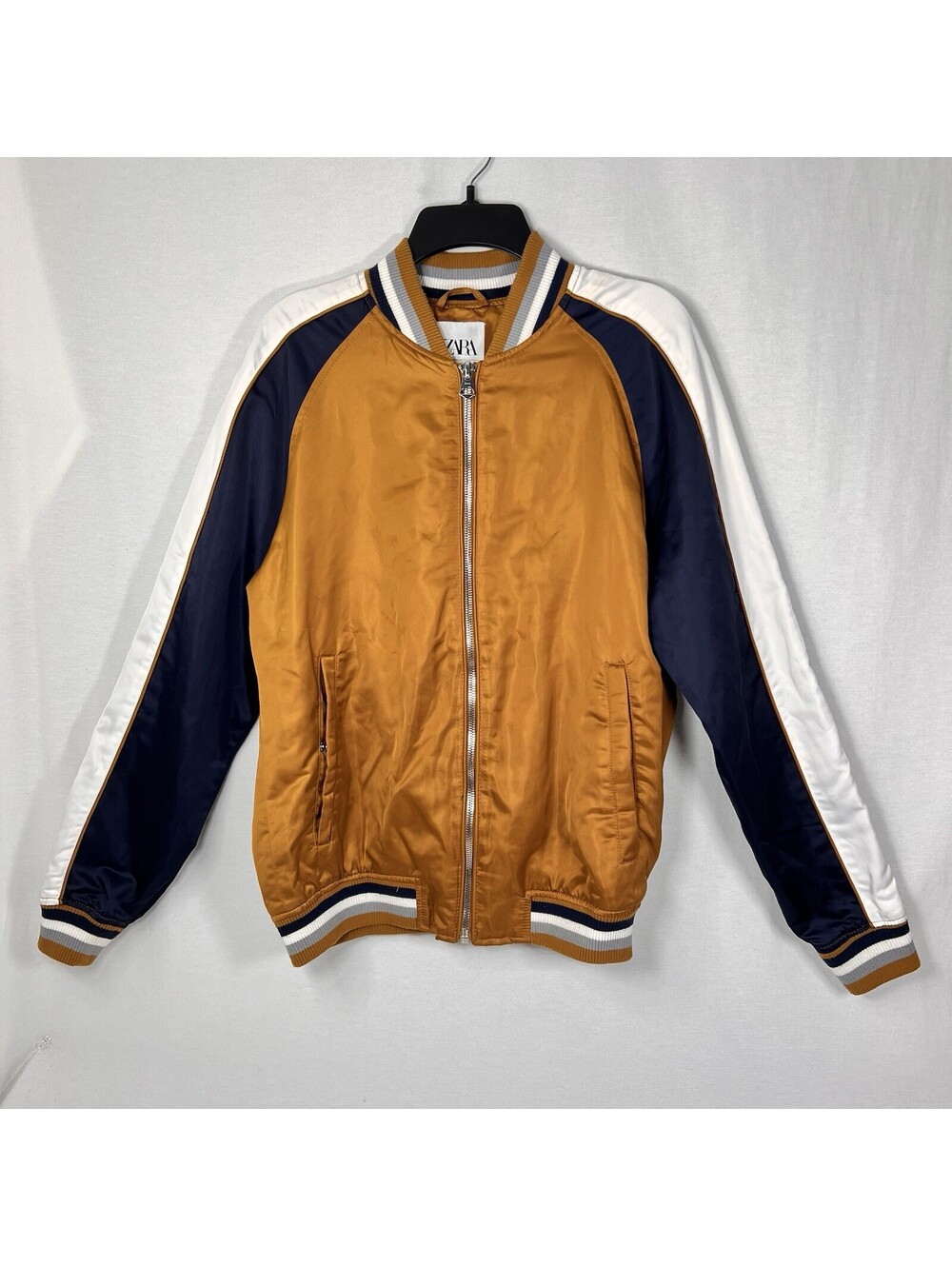 Zara Satin Gold Blue Varsity Bomber Jacket Unisex Size M Color Block Full Zip